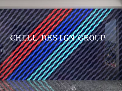 Carbon Fiber Texture Wall with Red Blue Cyan Stripes and White Chill Design Group Text 3d model