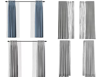 Blue and Gray Modern Curtains With Double Layer Sheer and Textured Panels 3d model