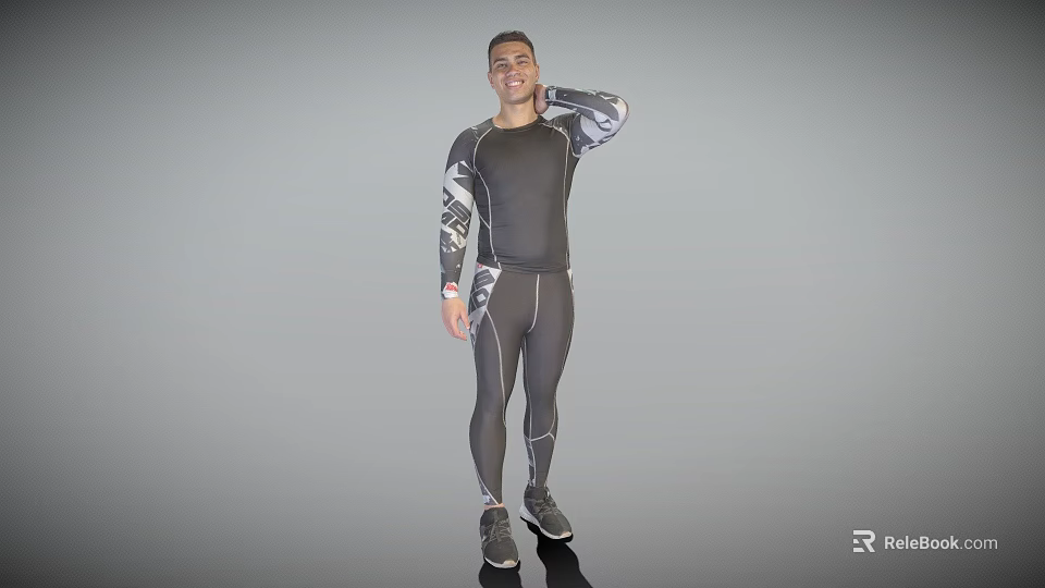 Man In Compression Sportswear Standing Against Gray Background Smiling With Right Hand Behind Neck 3d model 