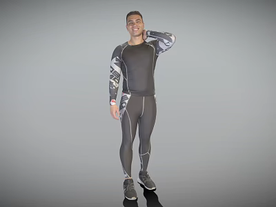 Man In Compression Sportswear Standing Against Gray Background Smiling With Right Hand Behind Neck 3d model