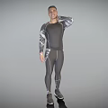 Man In Compression Sportswear Standing Against Gray Background Smiling With Right Hand Behind Neck