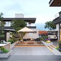 Modern Garden Patio With Outdoor Sofa Umbrella Plants And Stone Flooring