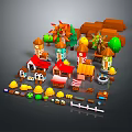 Colorful Cartoon Scene Design With Small Houses Windmills Trees And Fences