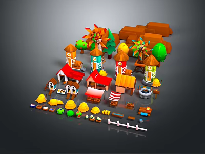 Colorful Cartoon Scene Design With Small Houses Windmills Trees And Fences 3d model