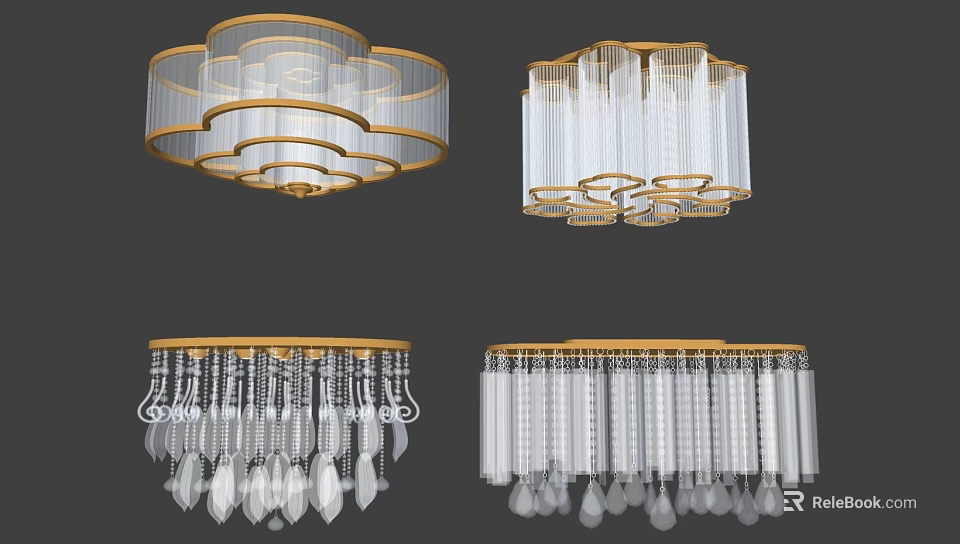 Modern Ceiling Lights With Golden Frame And Transparent Crystal Pendants 3d model 