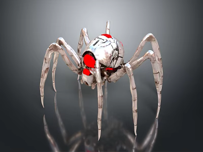 Detailed Mechanical Spider Design With Silver Legs And Red Glowing Eyes 3d model