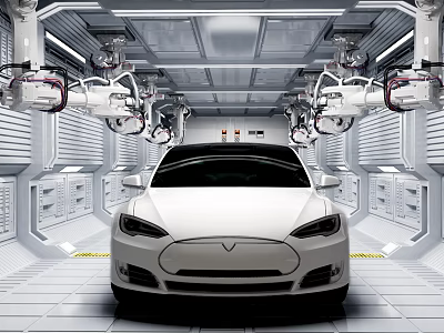 White Tesla Car in Modern Factory With Robotic Arms and Automated Systems 3d model