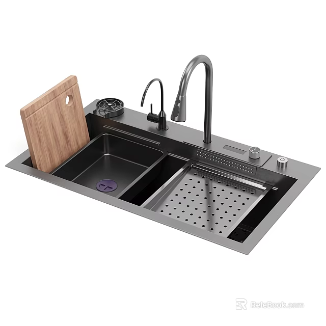Stainless Steel Kitchen Sink With Double Bowl Wooden Cutting Board And Faucet Drainage Rack 3d model 