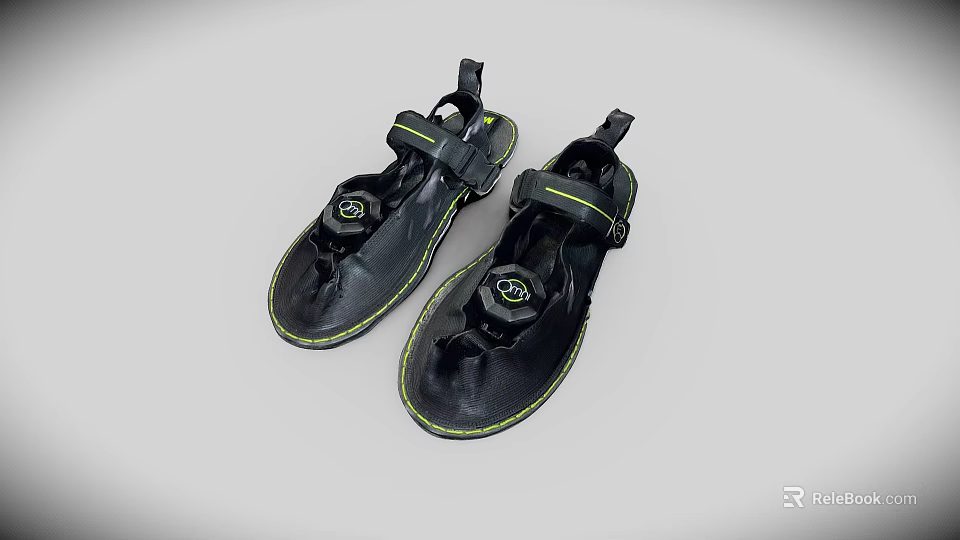 Black Sandals with Yellow Accents Adjustable Straps Sporty Design Comfortable Fit 3d model 