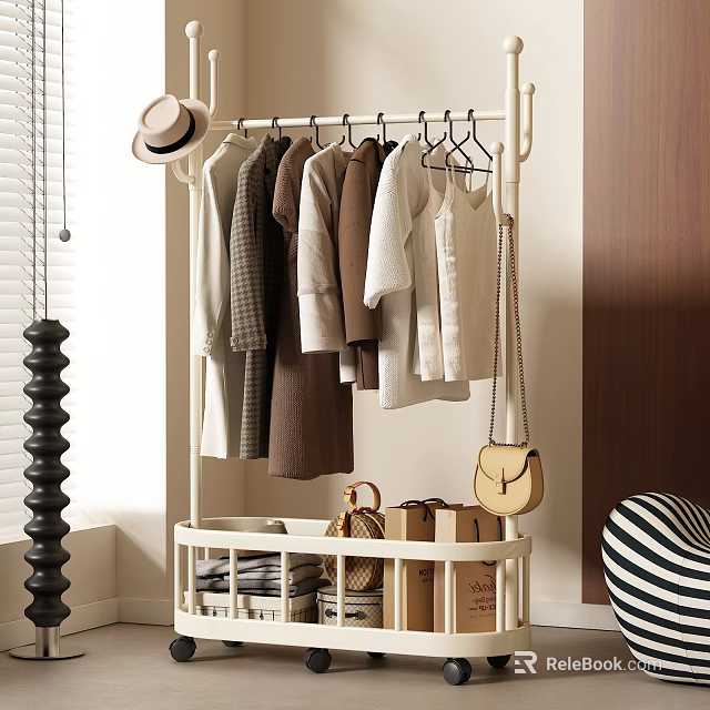Modern Clothes Rack with Hanging Shirts Coats and Handbag and Storage Basket for Organized Space 3d model 