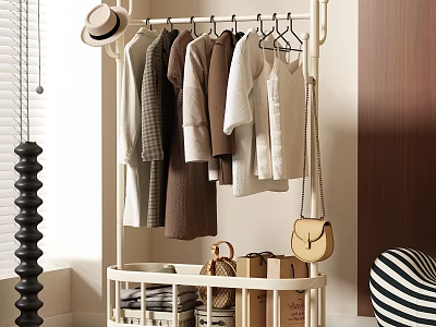 Modern Clothes Rack with Hanging Shirts Coats and Handbag and Storage Basket for Organized Space 3d model