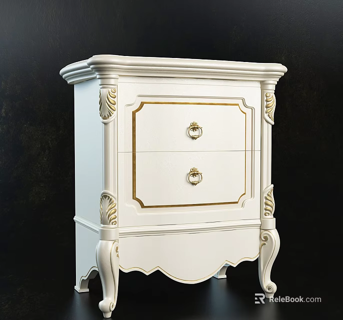 Elegant White Bedside Table With Two Drawers And Gold Accents Carved Legs 3d model 