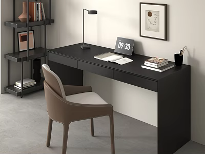 Black Modern Desk With Brown Chair Lamp Notebook Books Bookshelf And Wall Art 3d model