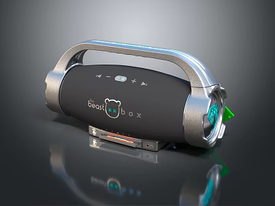 Beastbox Portable Bluetooth Speaker with Silver Handle Black Body Bear Logo Green Indicator Wireless Audio 3d model