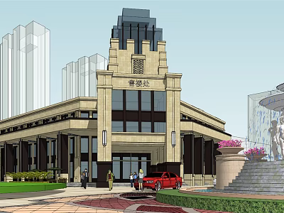 Classical Sales Office Building with High-Rise Background Stone Steps Greenery and Red Car 3d model