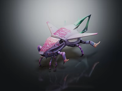 Mechanical Creature with Purple Pink Stripes Multiple Legs and Green Pink Wings 3d model