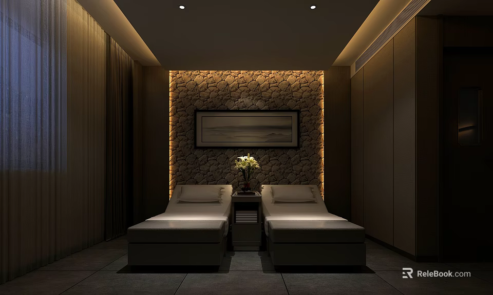 Relaxing SPA Sauna Interior with Stone Wall Massage Beds and Serene Ambient Lighting 3d model 