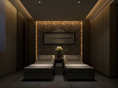 Relaxing SPA Sauna Interior with Stone Wall Massage Beds and Serene Ambient Lighting 3d model