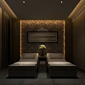 Relaxing SPA Sauna Interior with Stone Wall Massage Beds and Serene Ambient Lighting