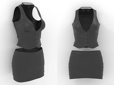 Black Sleeveless Buttoned Top And Short Skirt Sets With Halter Bowtie Collar Designs For Women 3d model