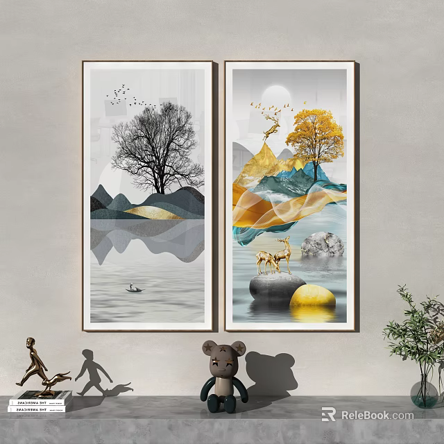 Two Panel Decorative Wall Art With Black Yellow Trees Mountain Deer And Water Reflection 3d model