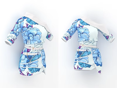 White Base Blue Floral Pattern Off Shoulder Dress With Three Quarter Sleeves And Waist Belt 3d model