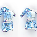 White Base Blue Floral Pattern Off Shoulder Dress With Three Quarter Sleeves And Waist Belt