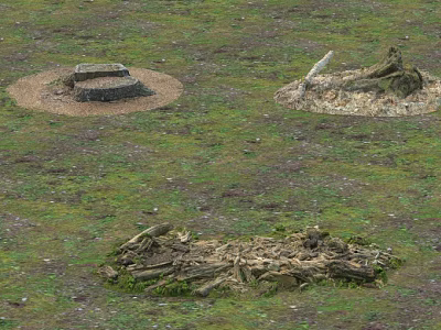 Stone and Wood Structures on Grassland Mounds with Tree Branches and Logs 3d model