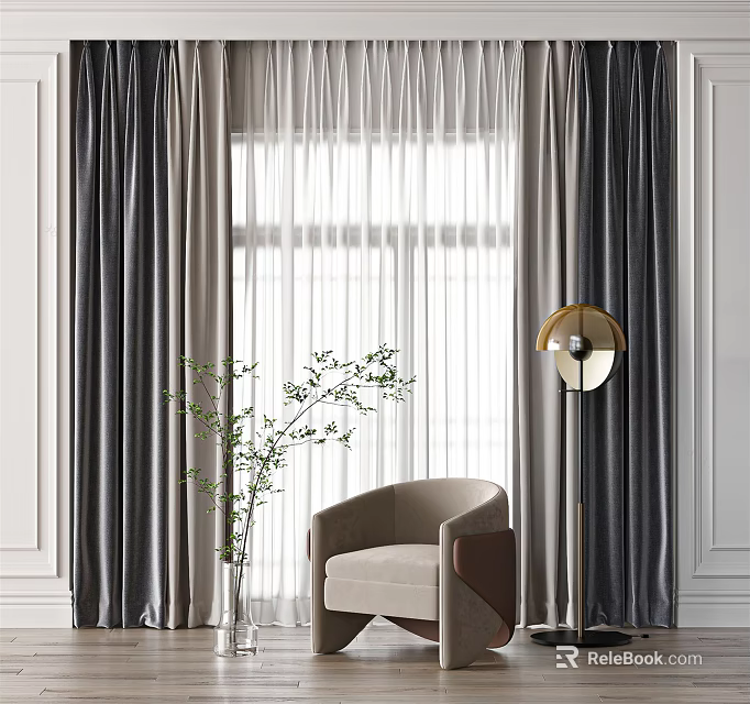 Elegant Dark Gray Curtains With Sheer Panels And Natural Light In Modern Living Room 3d model 