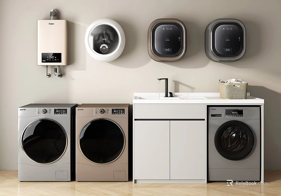Modern Stylish Washing Machines in Laundry Room Interior with Sink Cabinets and Appliances 3d model 
