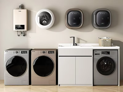 Modern Stylish Washing Machines in Laundry Room Interior with Sink Cabinets and Appliances 3d model