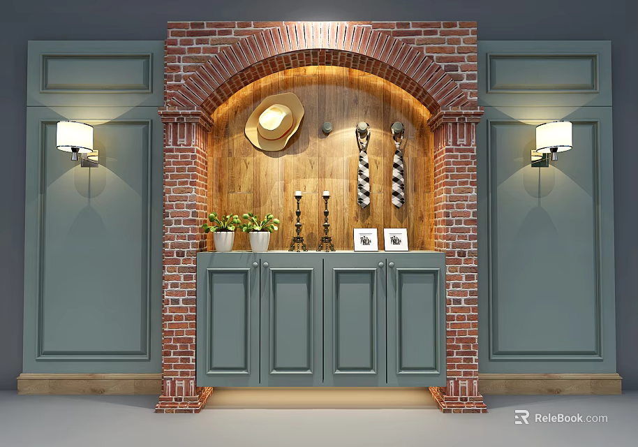 Rustic Entryway Cabinet With Red Brick Arch Wooden Panel Gray Doors And Decorative Plants 3d model 