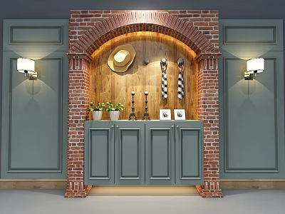 Rustic Entryway Cabinet With Red Brick Arch Wooden Panel Gray Doors And Decorative Plants 3d model