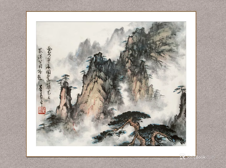 Traditional Chinese Ink Landscape Painting With Misty Mountains And Pine Trees 3d model 