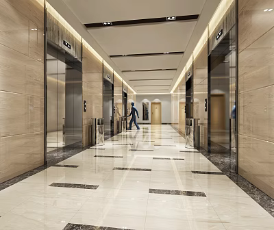 Modern Elevator Hallway Interior Design With Marble Flooring Ceiling Lights And Glass Elevator Doors 3d model