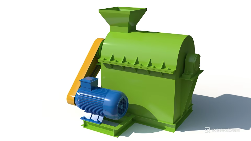 Heavy Duty Industrial Processing Equipment with Green Body Blue Motor Orange Conveyor and Feeding Hopper 3d model 