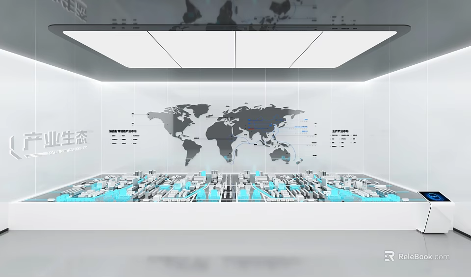 Modern Exhibition Hall Display Featuring World Map City Model And Ecology Design 3d model