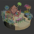 Detached Villa with Red Tile Roof Palm Trees Beachfront Boat Pier and Lush Greenery