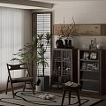 Modern Wooden Chest of Drawers in Stylish Interior with Potted Plants Chair and Decorative Items