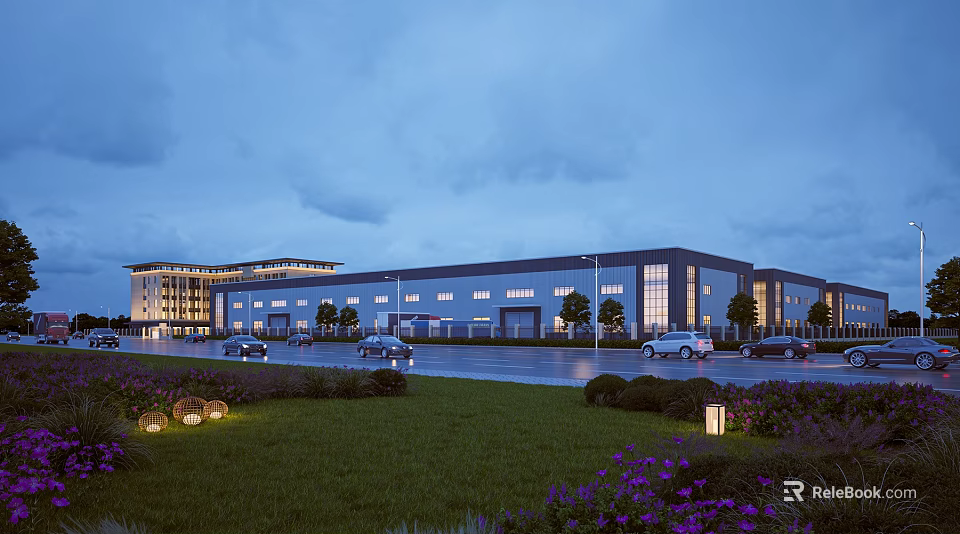 Modern Industrial Factory Exterior Architecture With Large Windows Parking Lot And Landscaping 3d model 