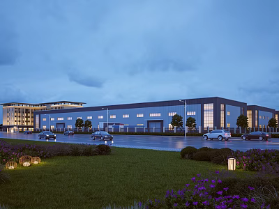 Modern Industrial Factory Exterior Architecture With Large Windows Parking Lot And Landscaping 3d model
