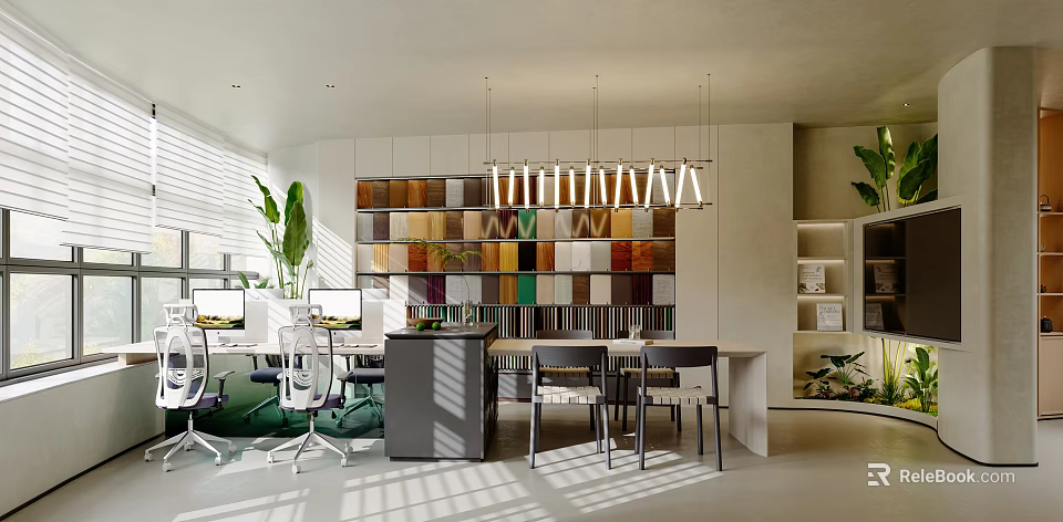 Modern Open-concept Public Office Space with Green Plants Bookshelves Computers Pendant Lights and Sunlight 3d model 
