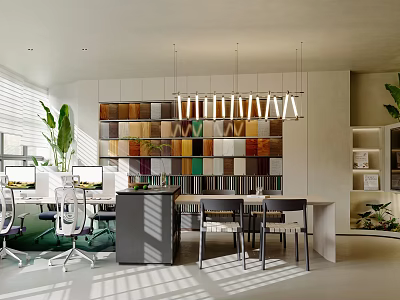 Modern Open-concept Public Office Space with Green Plants Bookshelves Computers Pendant Lights and Sunlight 3d model