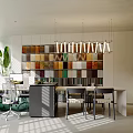 Modern Open-concept Public Office Space with Green Plants Bookshelves Computers Pendant Lights and Sunlight