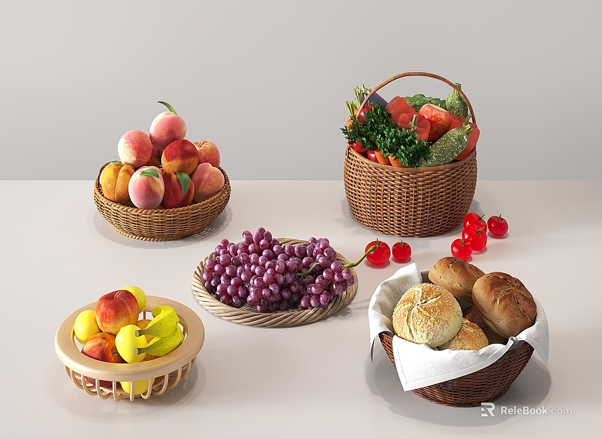 Fresh Assorted Fruits Like Peaches Grapes Strawberries in Wicker Baskets on White Table 3d model 