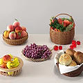 Fresh Assorted Fruits Like Peaches Grapes Strawberries in Wicker Baskets on White Table