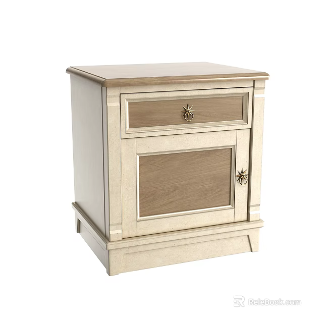 Classic Light Colored Wooden Bedside Table With Single Drawer Cabinet Door And Metal Knobs 3d model