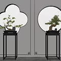 Elegant Bonsai Plants On Black Stands With Circular Floral Windows And Cloud Patterns 3d model