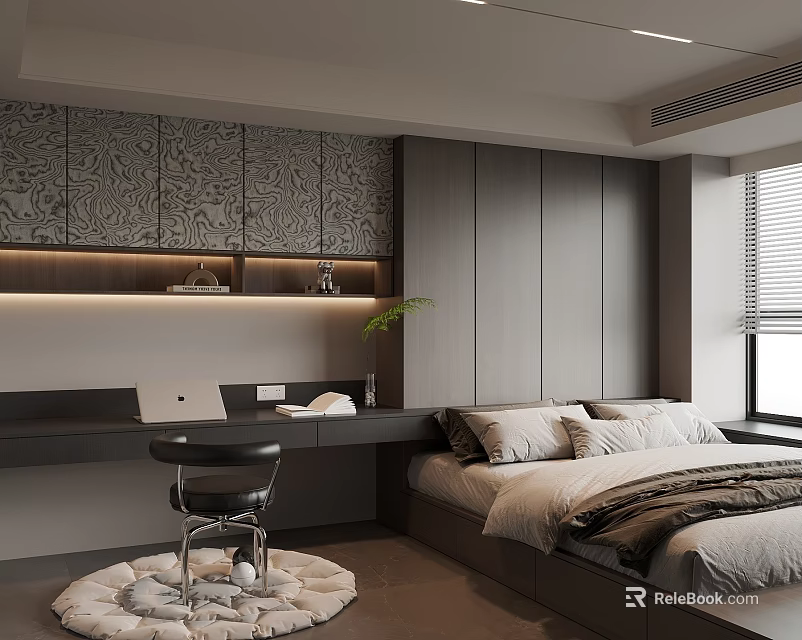 Modern Tatami Bedroom Interior With Desk Laptop Stool Patterned Wall Panels And Built In Cabinets 3d model 