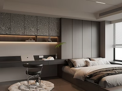 Modern Tatami Bedroom Interior With Desk Laptop Stool Patterned Wall Panels And Built In Cabinets 3d model